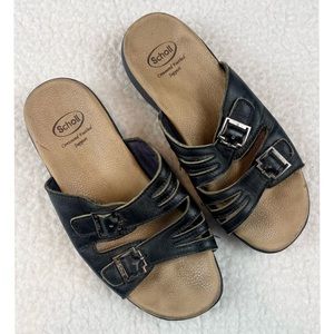 DR. SCHOLL’S • Black/Tan Strappy Buckle Slip-On Sandals